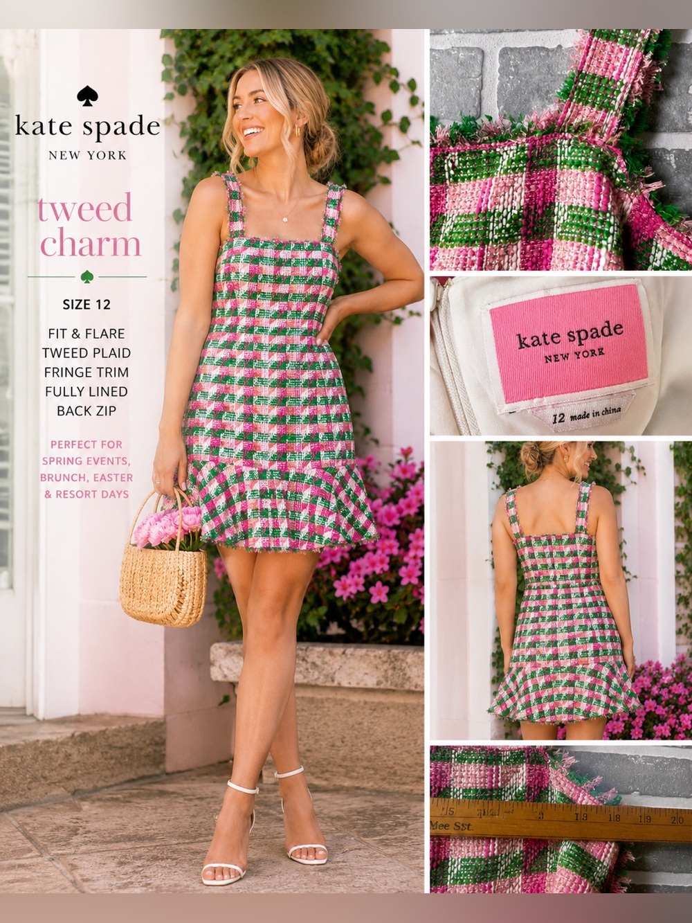 Kate Spade New York Pink Green Tweed Plaid Fit Flare Mini Dress Size 12